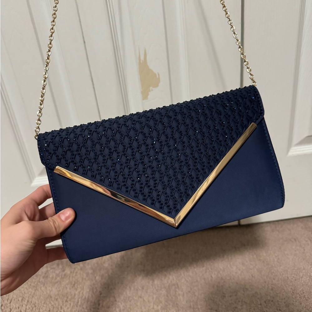 Charming Tailor Navy Formal Clutch with Navy Gems and Gold Detailing